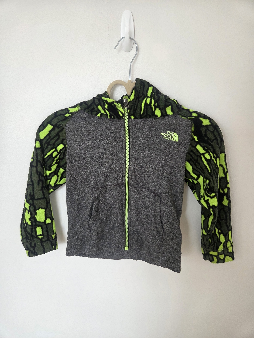 AUTHENTIC The North Face Kids Gray Hoodie with Neon Green Patterned Sleeves